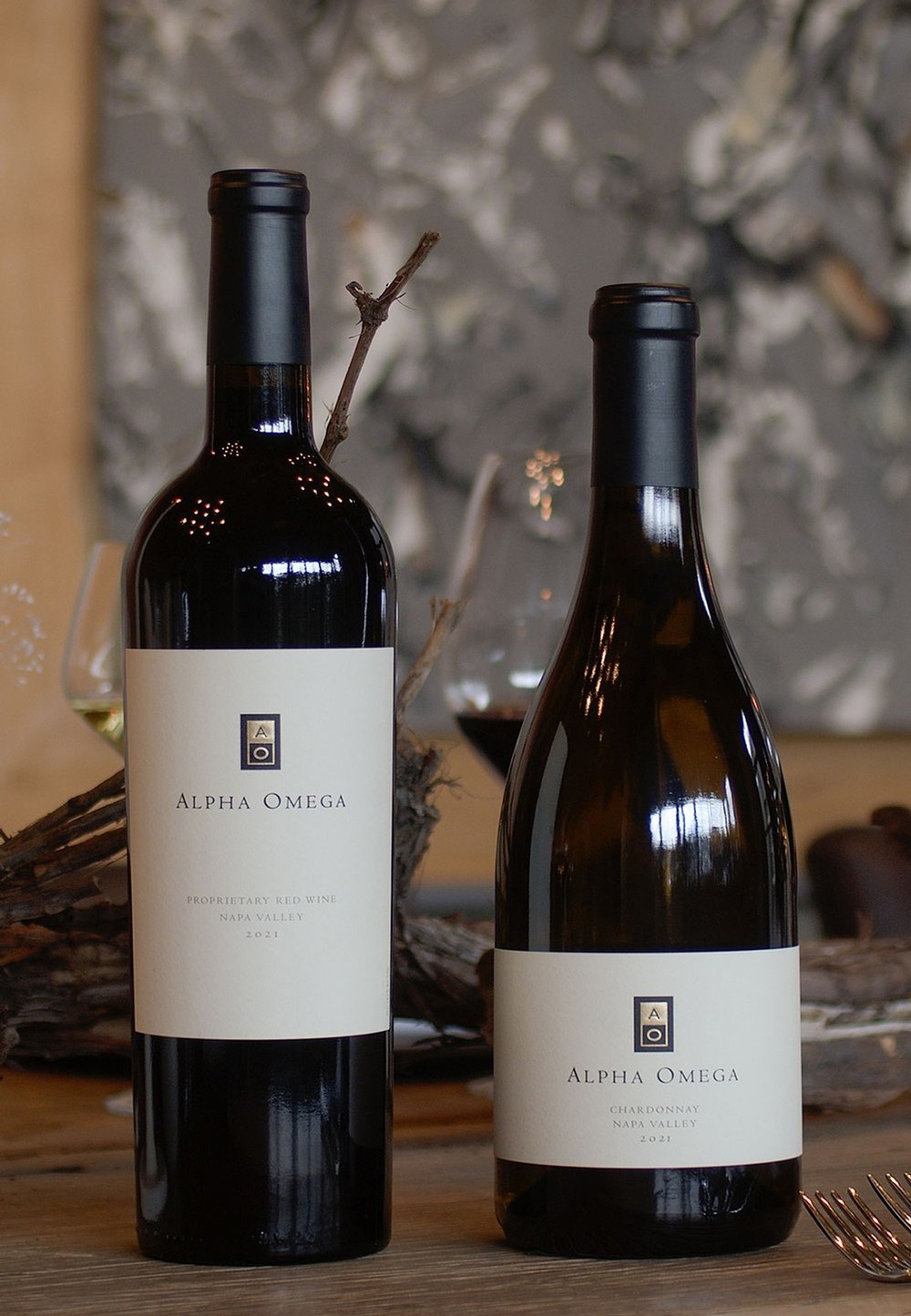 Alpha Omega wine bottles